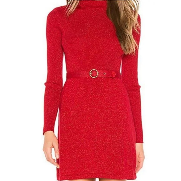 Free People French Girl Belted Sweater Dress Size Large Sparkly Red - Picture 3 of 4